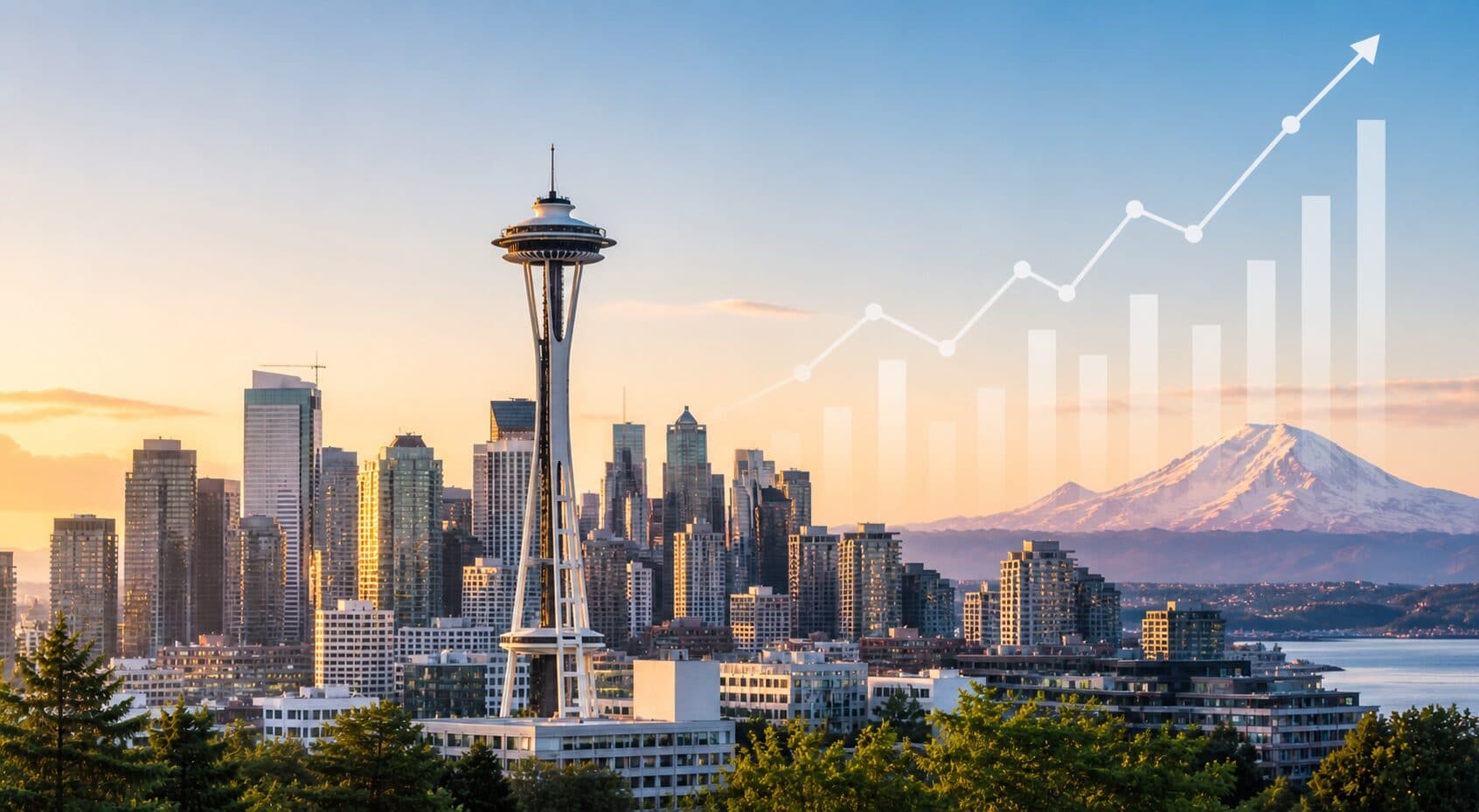 Seattle skyline with the Space Needle at golden hour