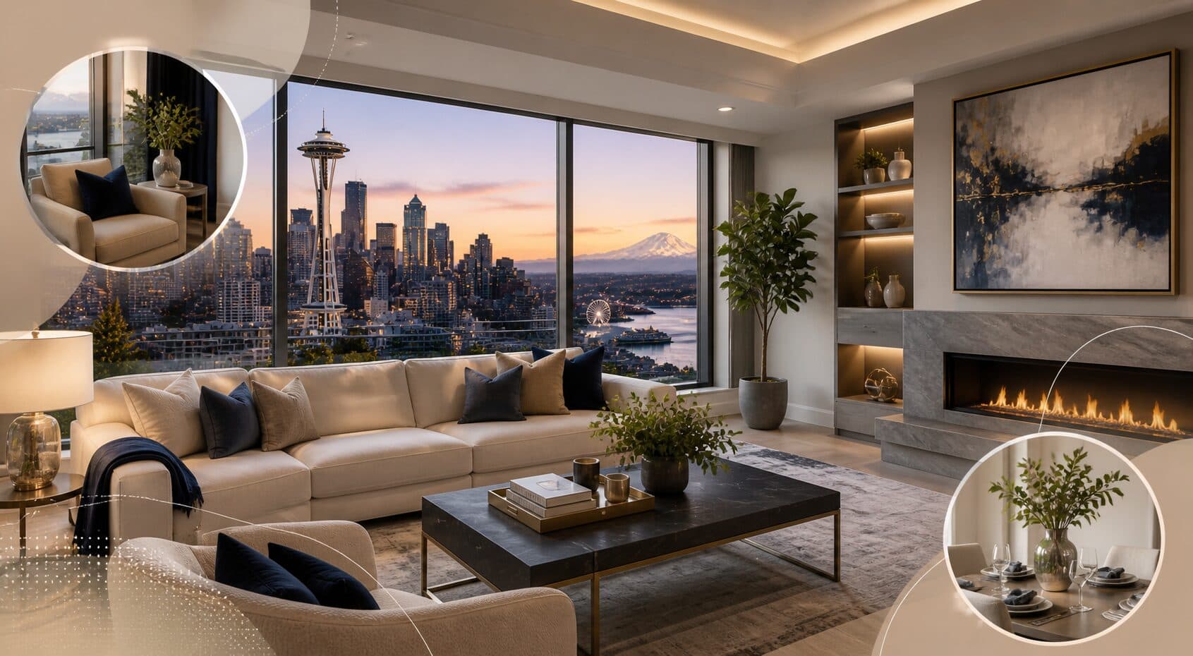 Luxury Seattle living room with skyline view
