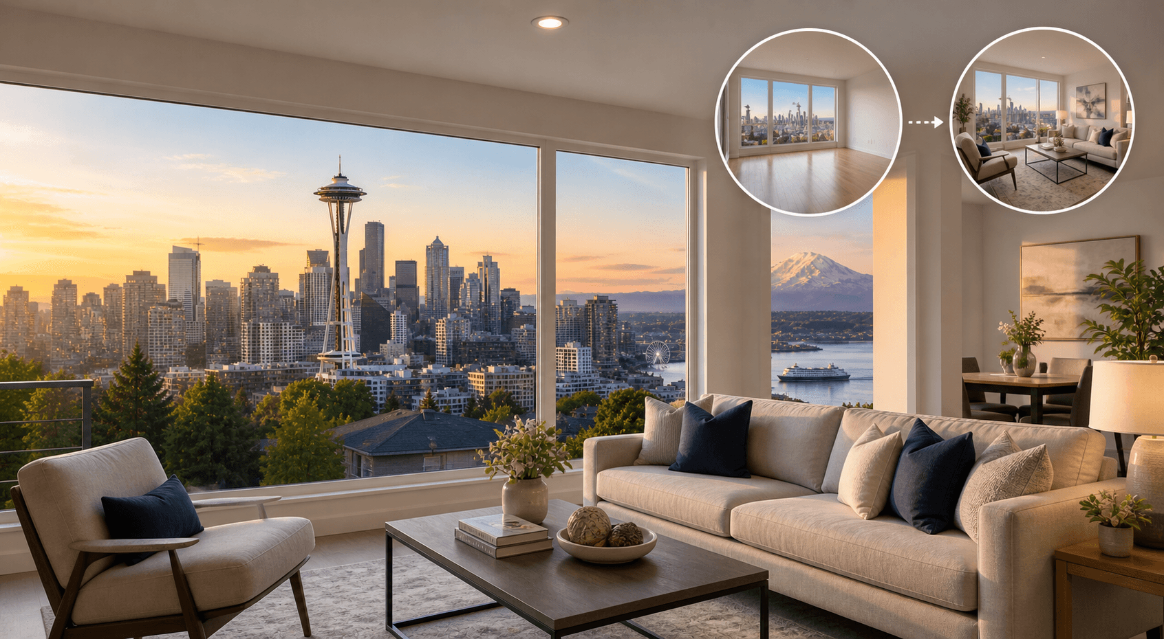 Beautifully staged Seattle living room with skyline view