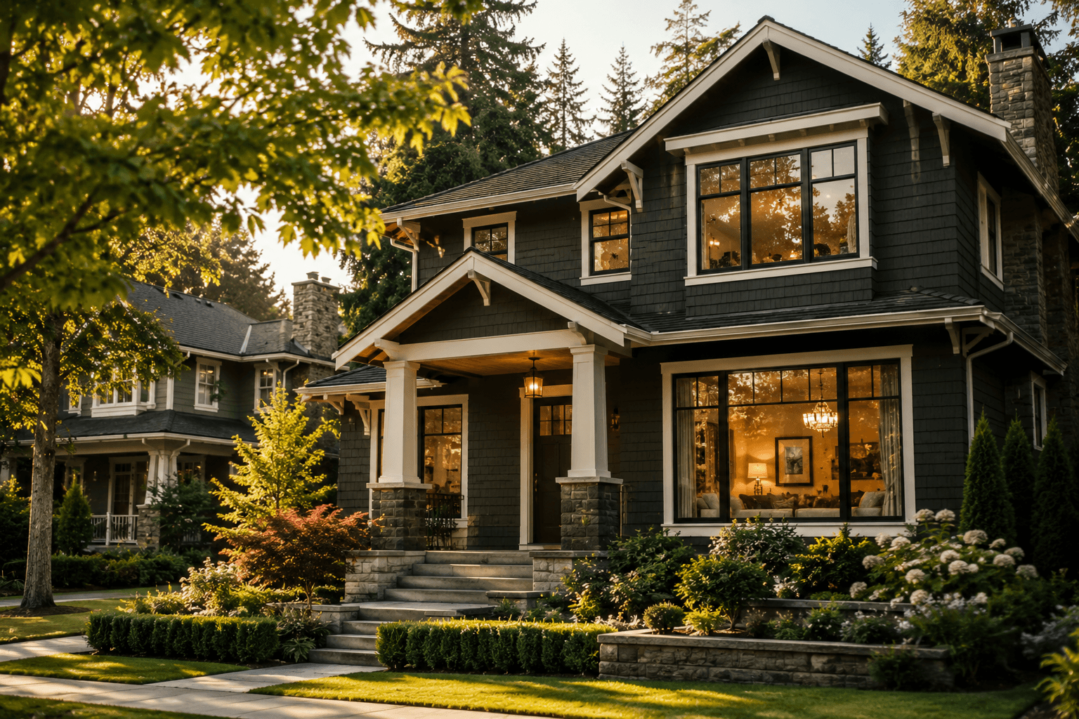 Seattle neighborhood street with luxury homes and tree-lined sidewalk in late afternoon light