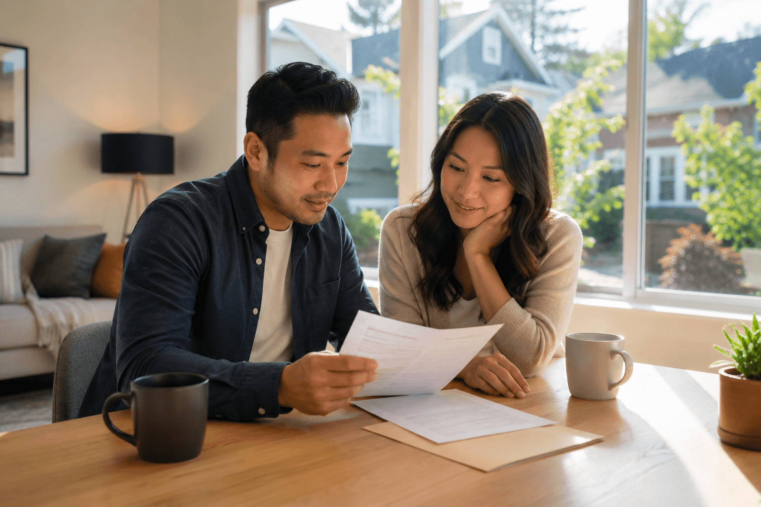 Couple reviewing documents in a bright Seattle home with large windows