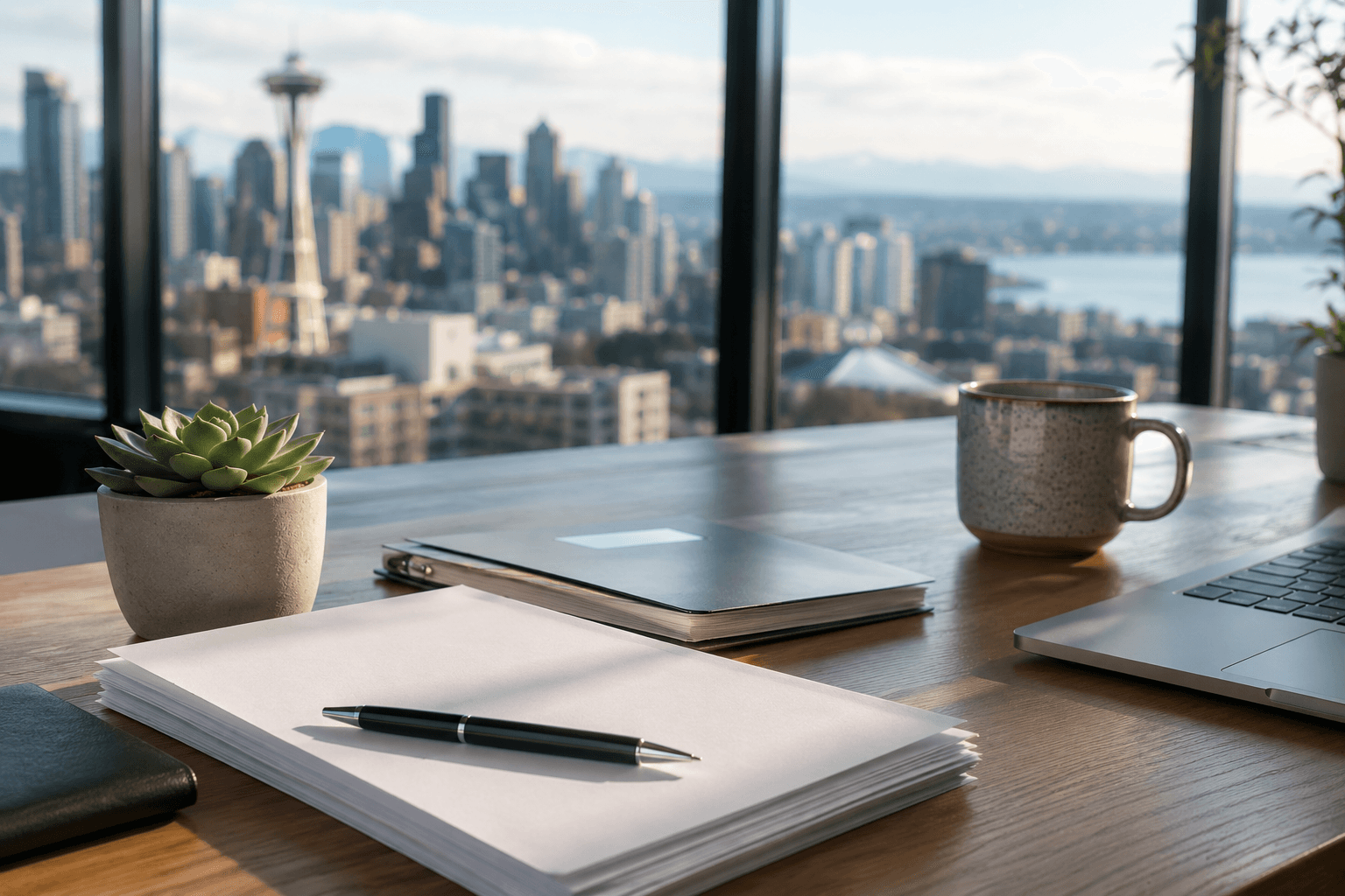 Seattle real estate closing documents on a clean desk with city view