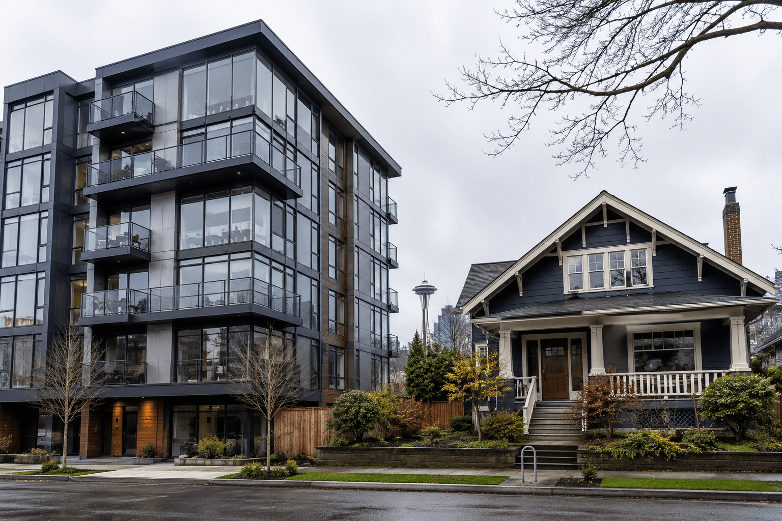 Seattle urban condo building alongside a classic craftsman home on a residential street