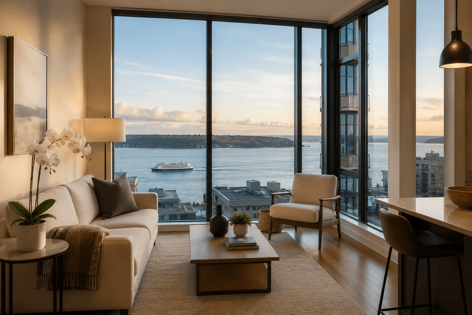 Elegant smaller Seattle home interior with floor-to-ceiling windows and city views
