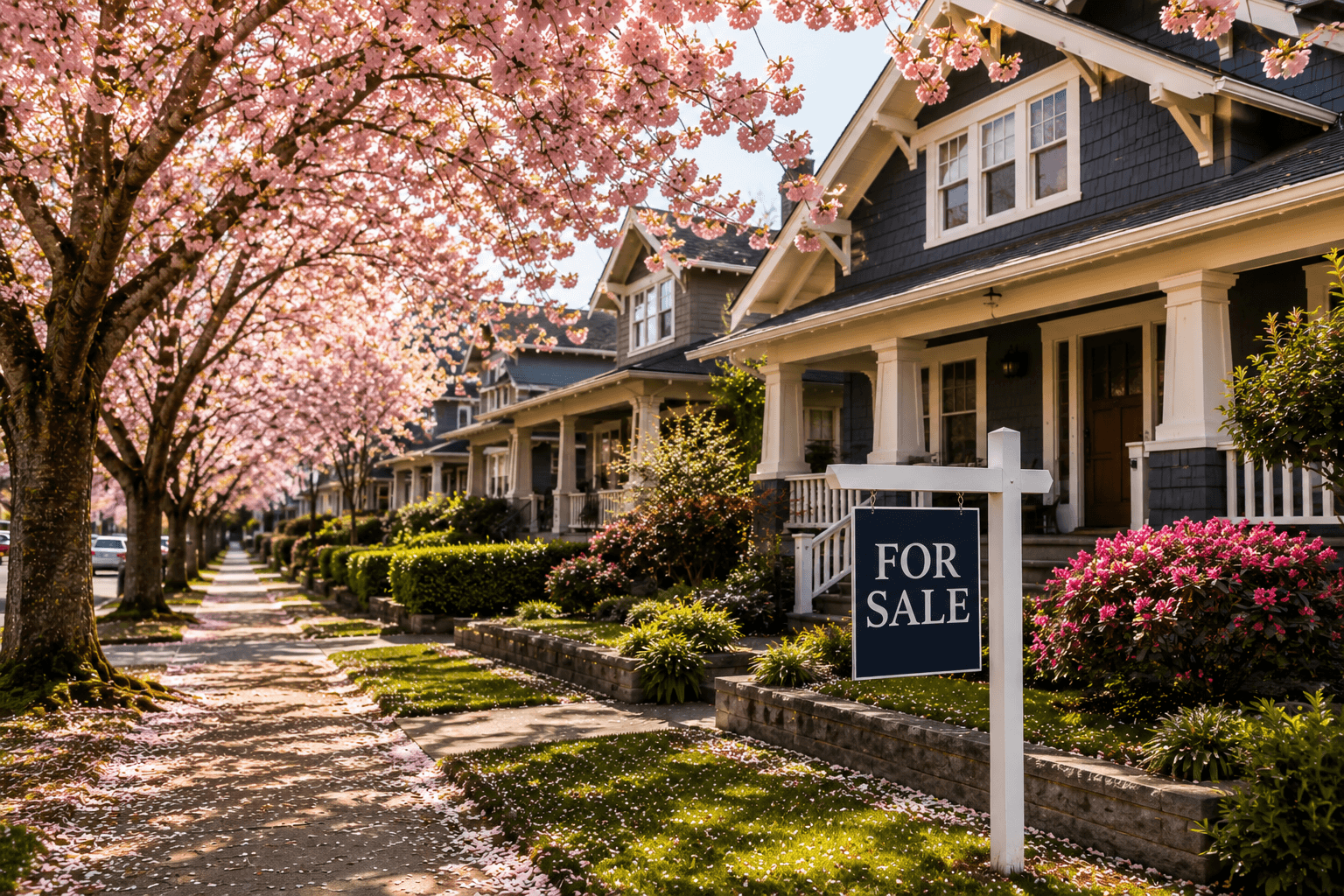 Seattle residential street in spring with cherry blossoms and for-sale sign
