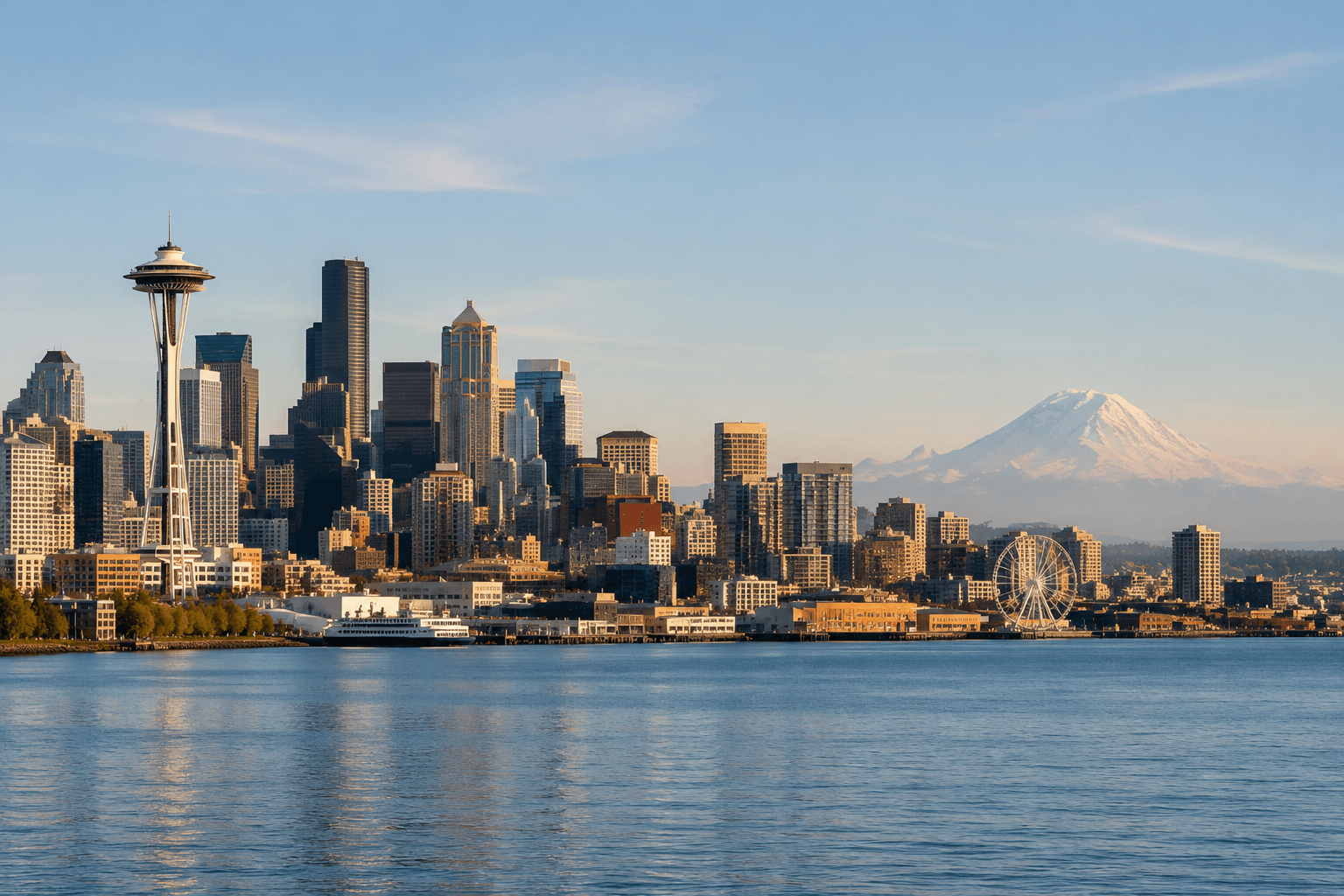 Seattle skyline with Mount Rainier visible behind on a clear day