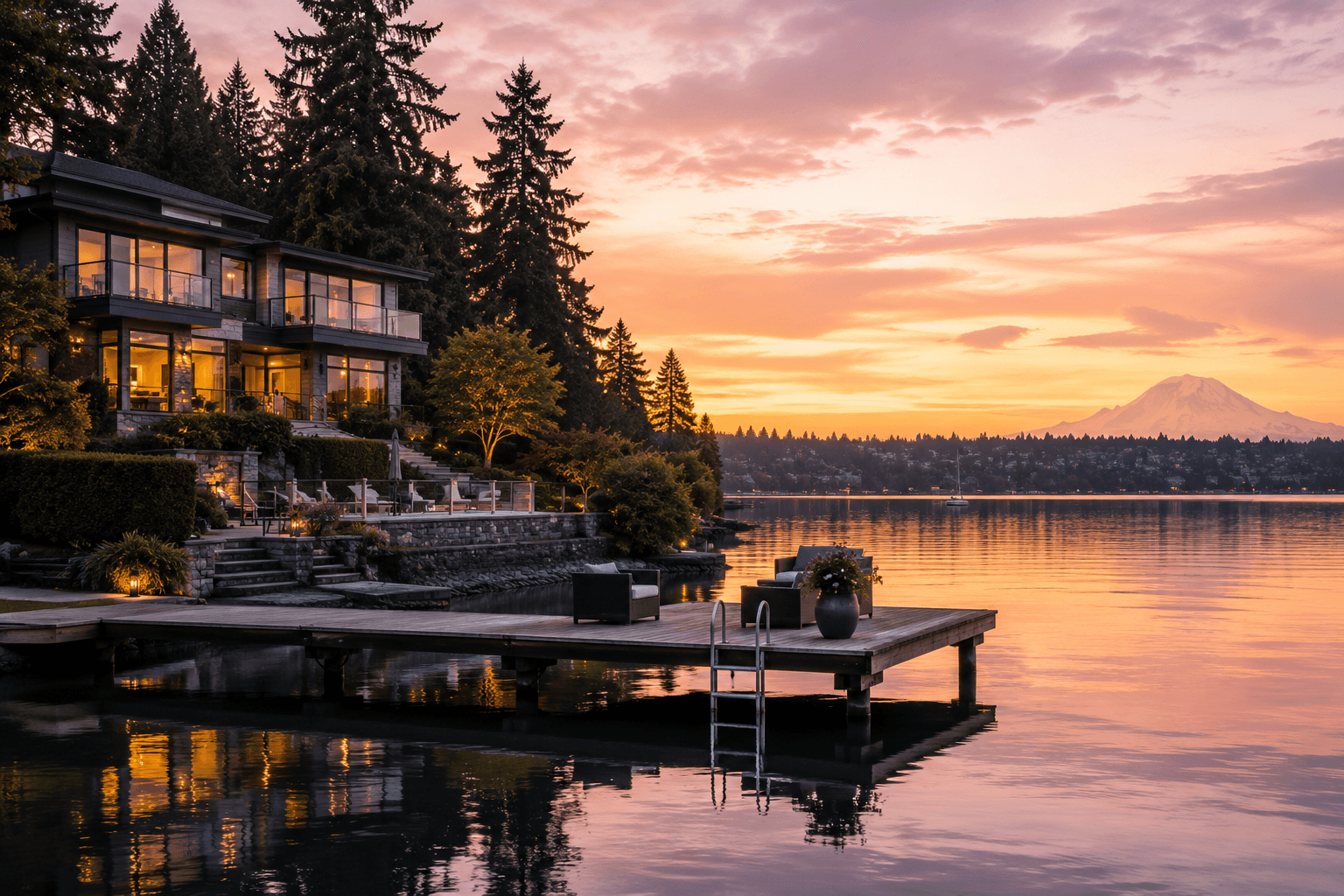 Seattle lakefront home at sunset with dock and calm water reflections