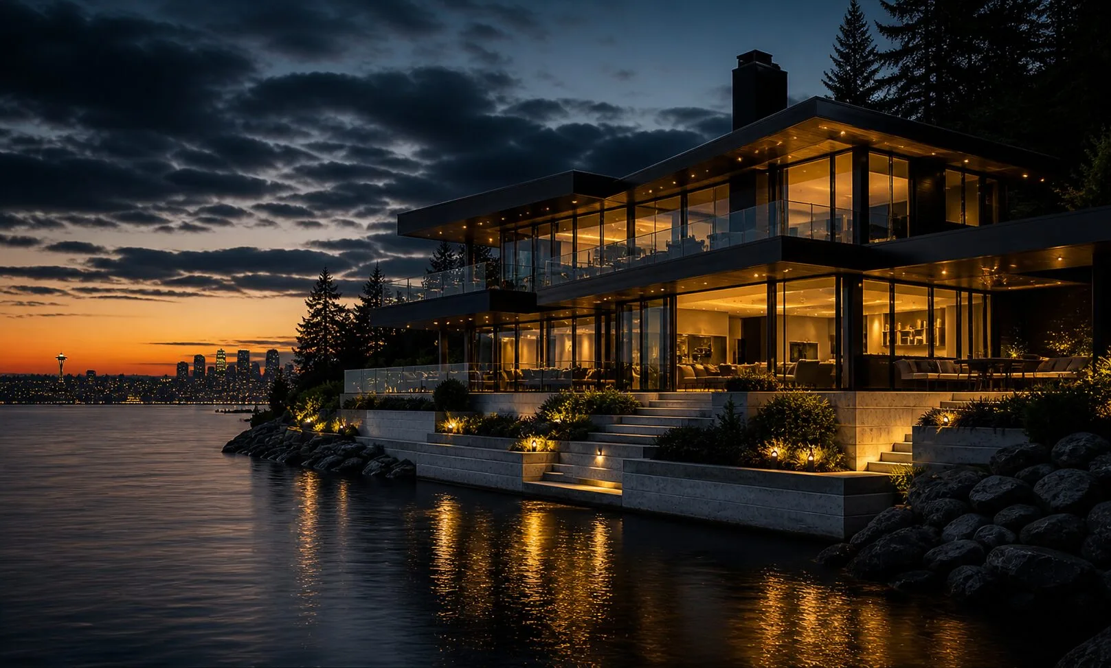 Luxury Seattle home exterior at twilight