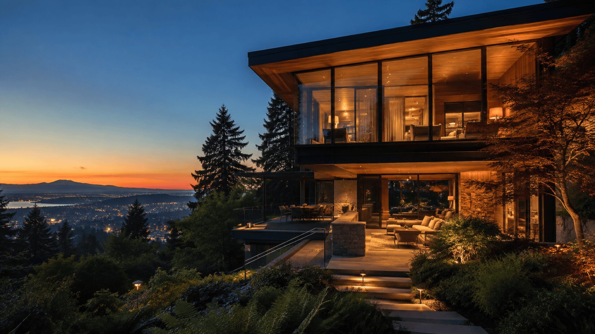 Contemporary Seattle luxury home exterior at dusk with floor-to-ceiling windows and mountain view